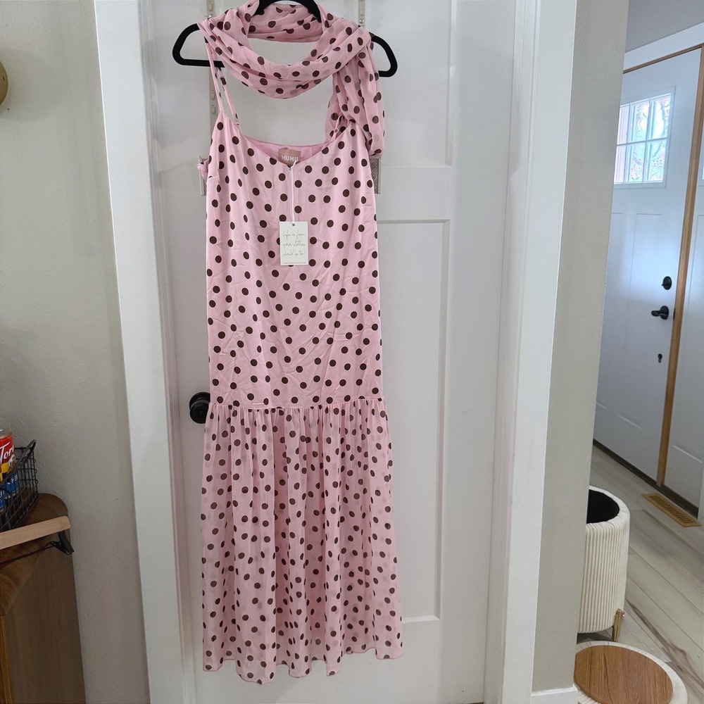 Show Me Your Mumu Dalia Maxi Dress Pink Brown Polka Dot L NWT w Scarf Coquette